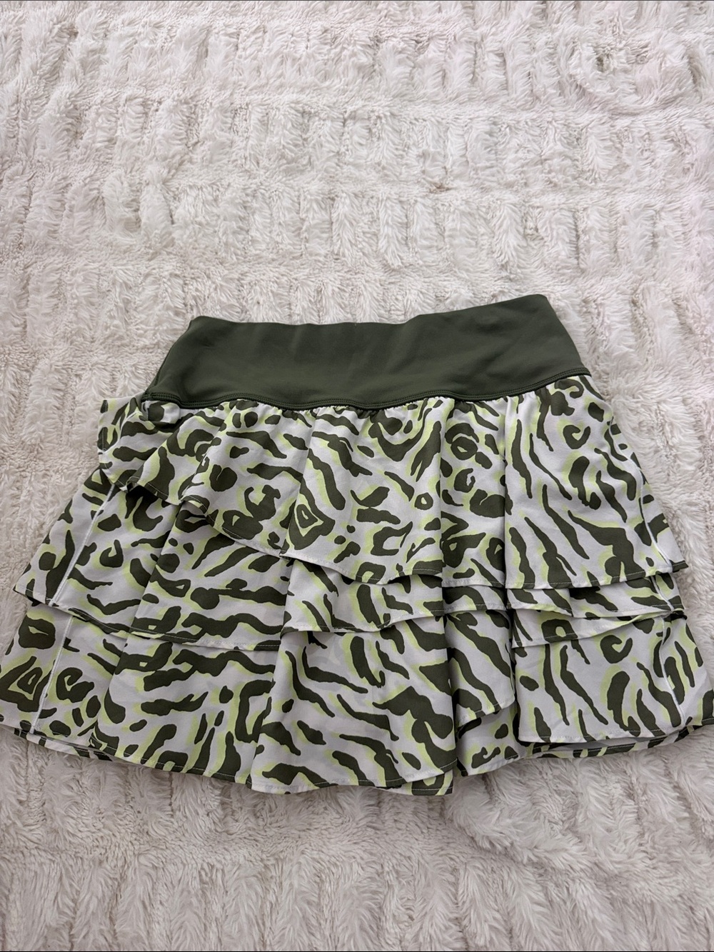 aerie Olive Animal-Print Tiered Mini Skirt